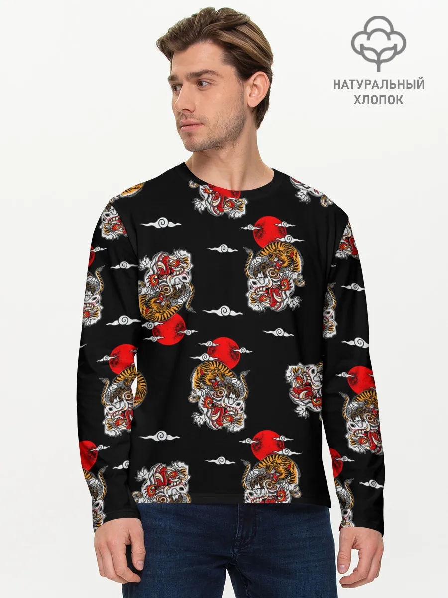 Мужской лонгслив базовый / Японский стиль - тигры