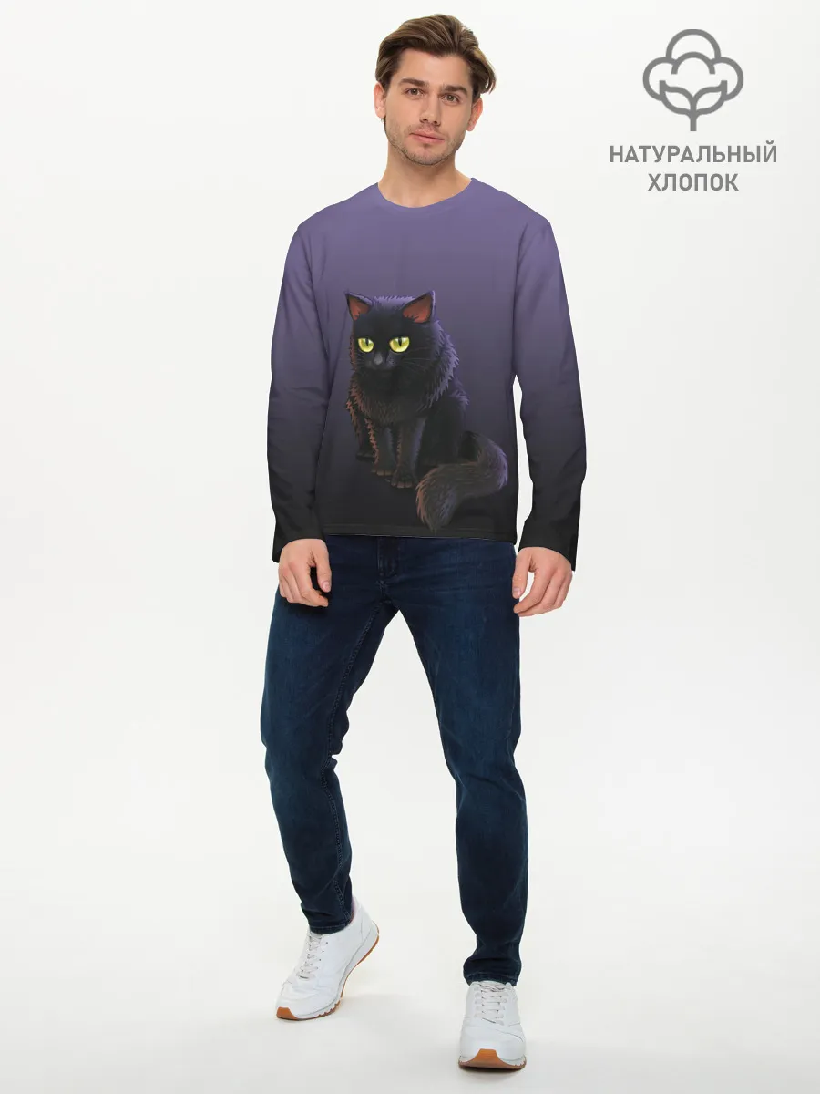 Мужской лонгслив базовый / черный кот на фиолетовом