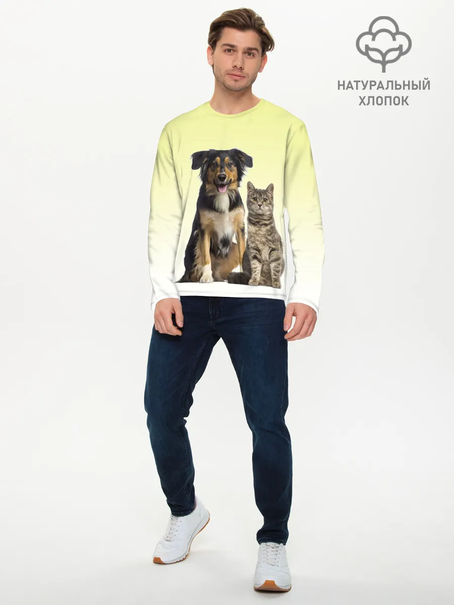 Мужской лонгслив базовый / кошка и собака друзья