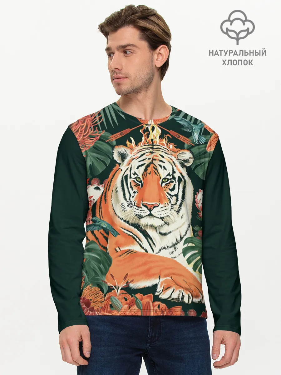Мужской лонгслив базовый / Огненный Тигр в Цветах