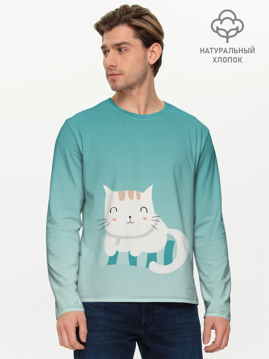 Мужской лонгслив базовый / котик на подстилке