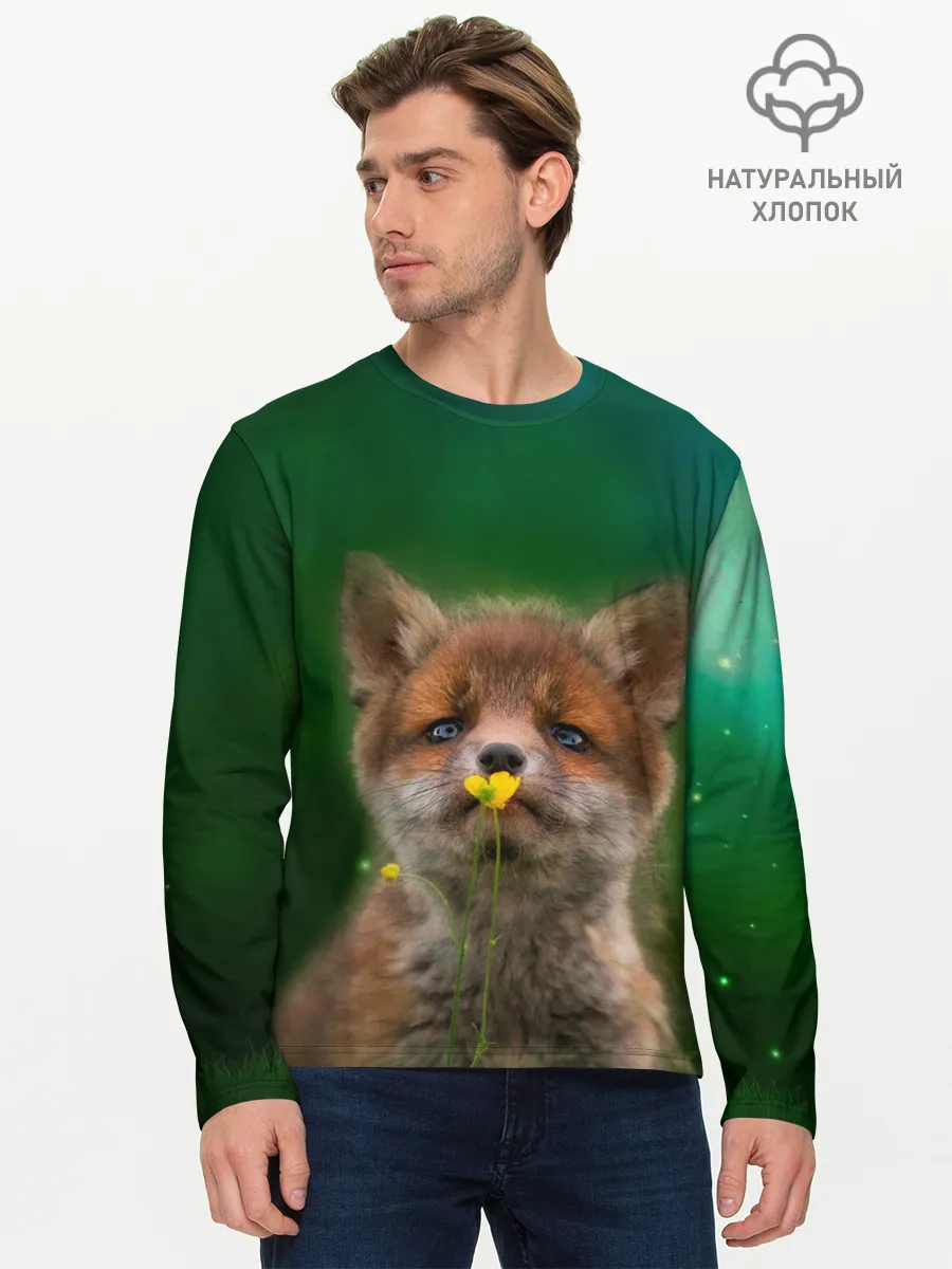 Мужской лонгслив базовый / Лисенок нюхает цветок