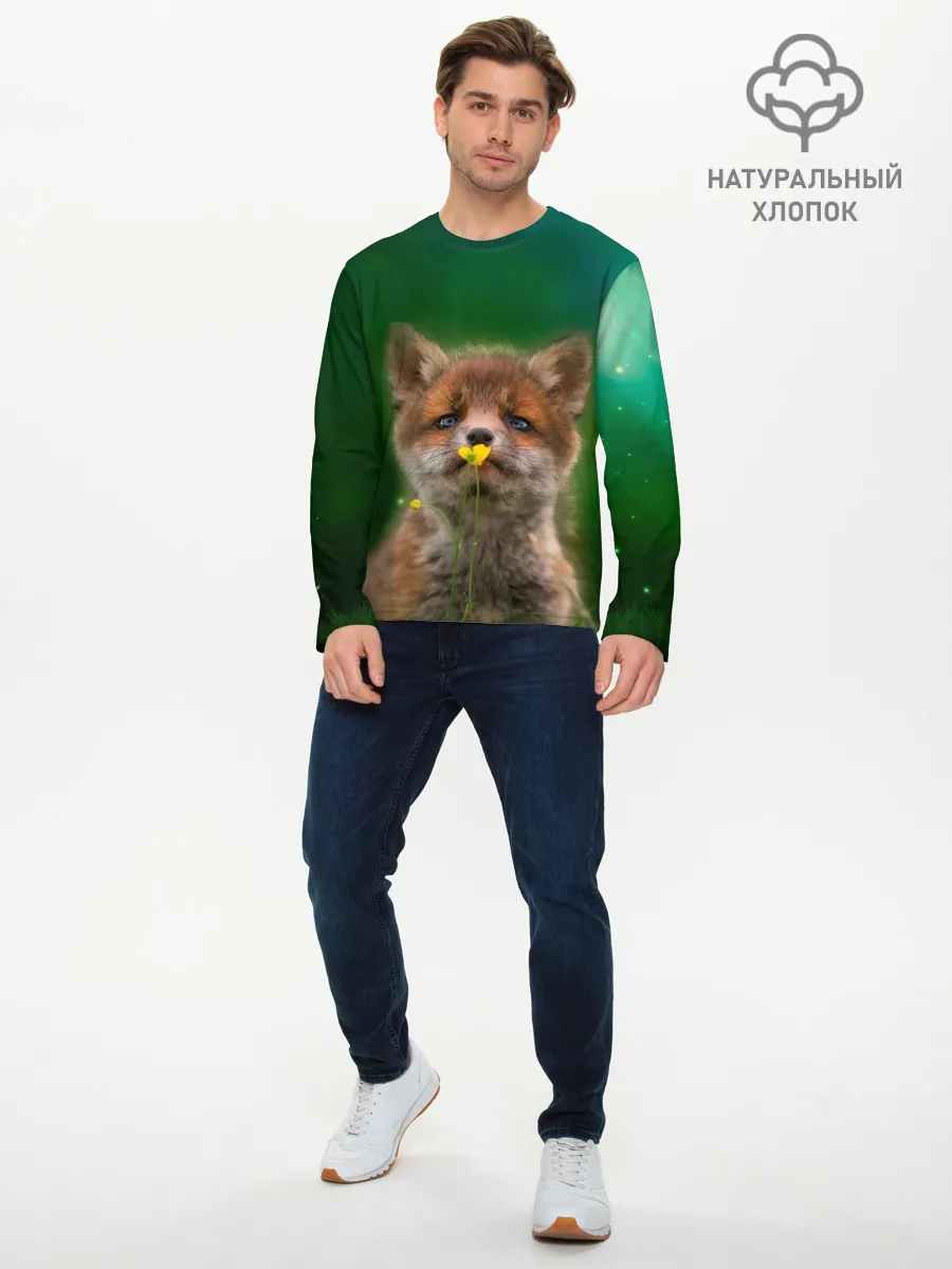 Мужской лонгслив базовый / Лисенок нюхает цветок