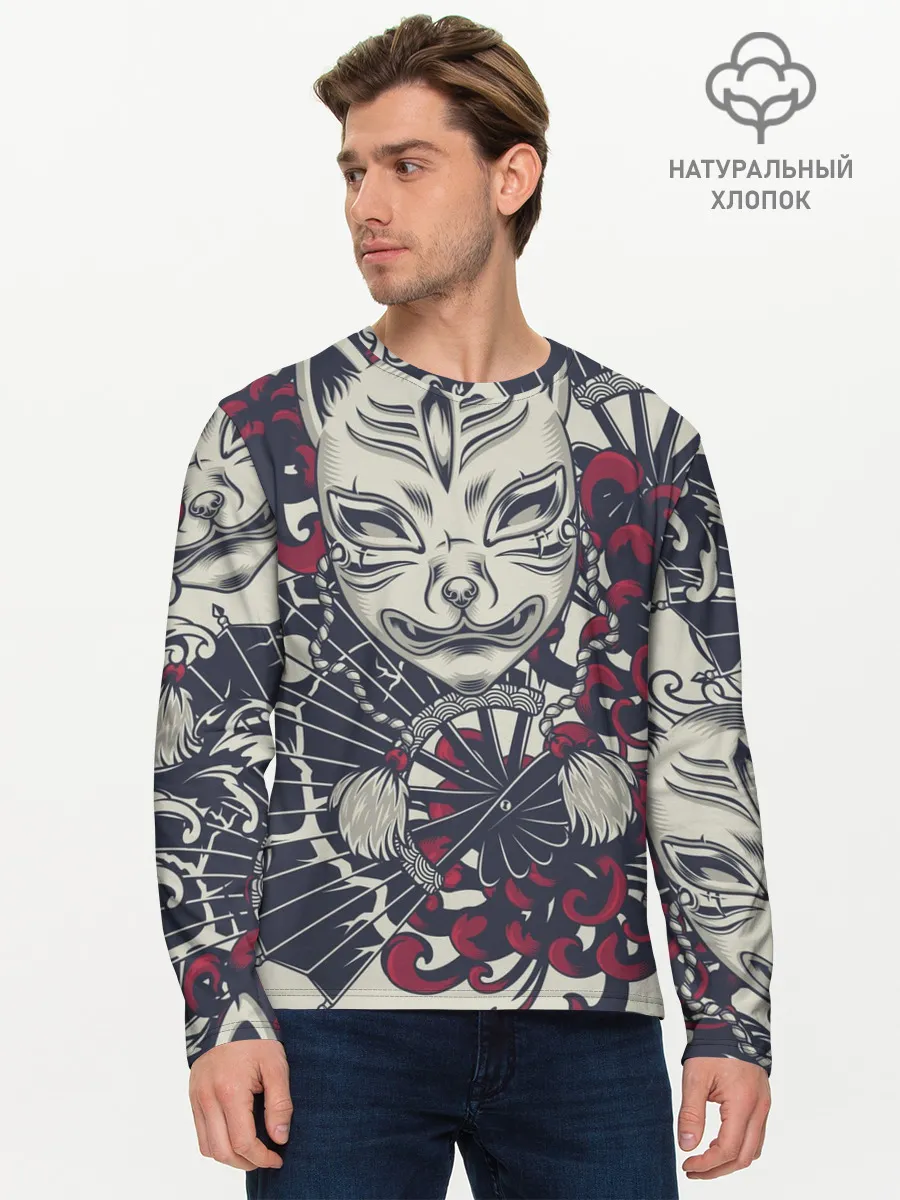 Мужской лонгслив базовый / Маска Кицунэ | Маска лисы