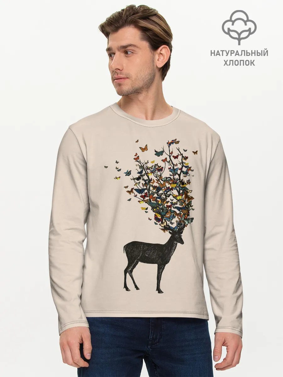 Мужской лонгслив базовый / Олени с рогами из бабочек