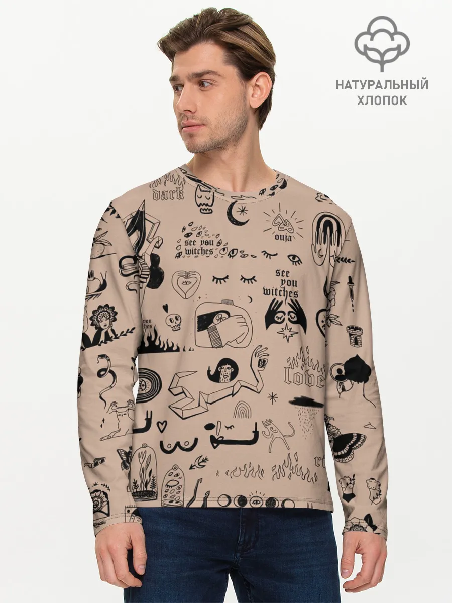 Мужской лонгслив базовый / принт в стиле тату