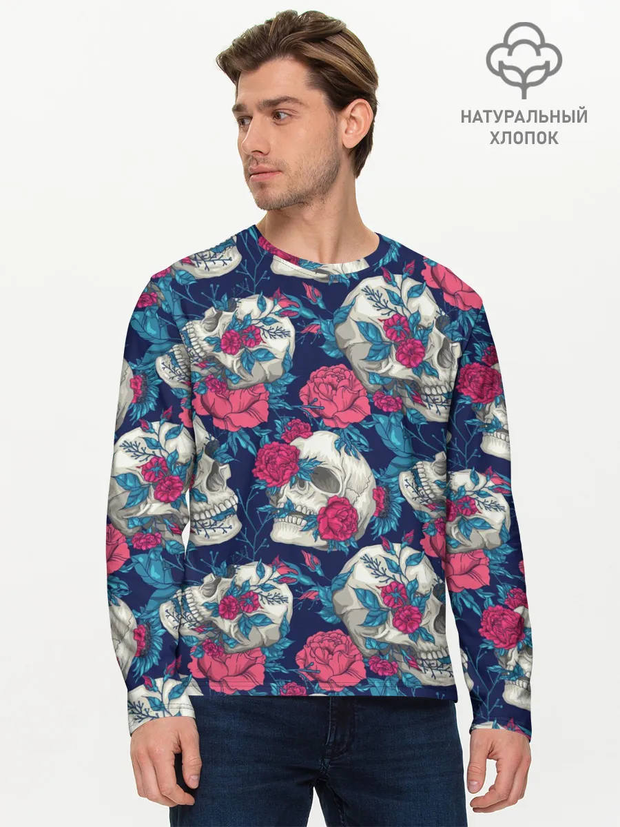Мужской лонгслив базовый / Реалистичные черепа с розами
