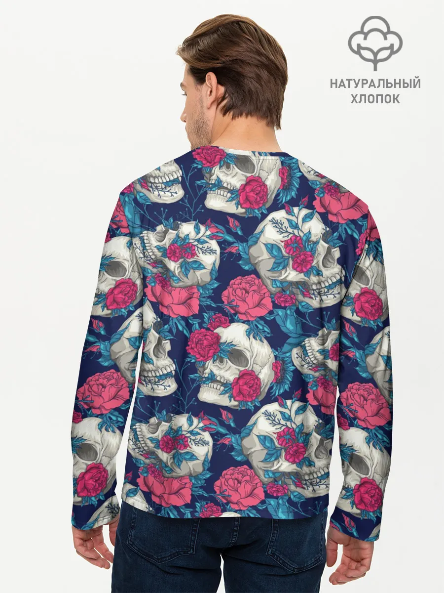 Мужской лонгслив базовый / Реалистичные черепа с розами