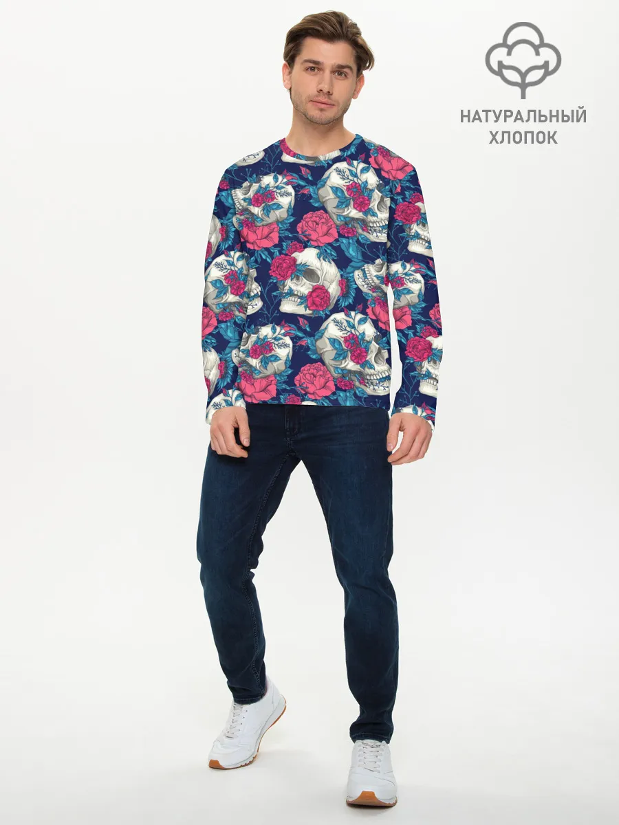 Мужской лонгслив базовый / Реалистичные черепа с розами