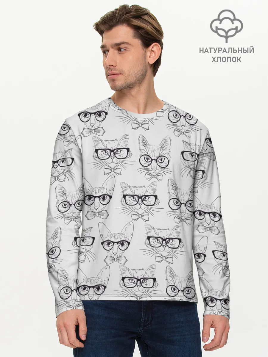Мужской лонгслив базовый / Кошки в очках