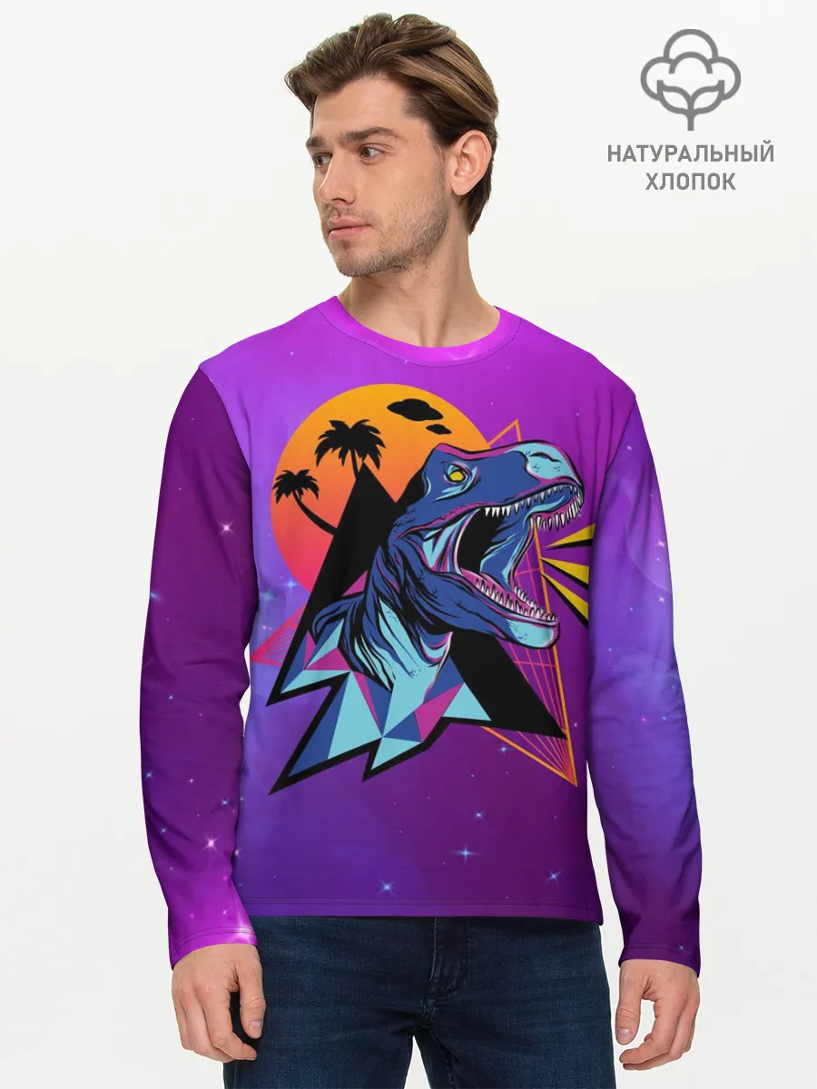 Мужской лонгслив базовый / Retrowave Neon Dinosaur