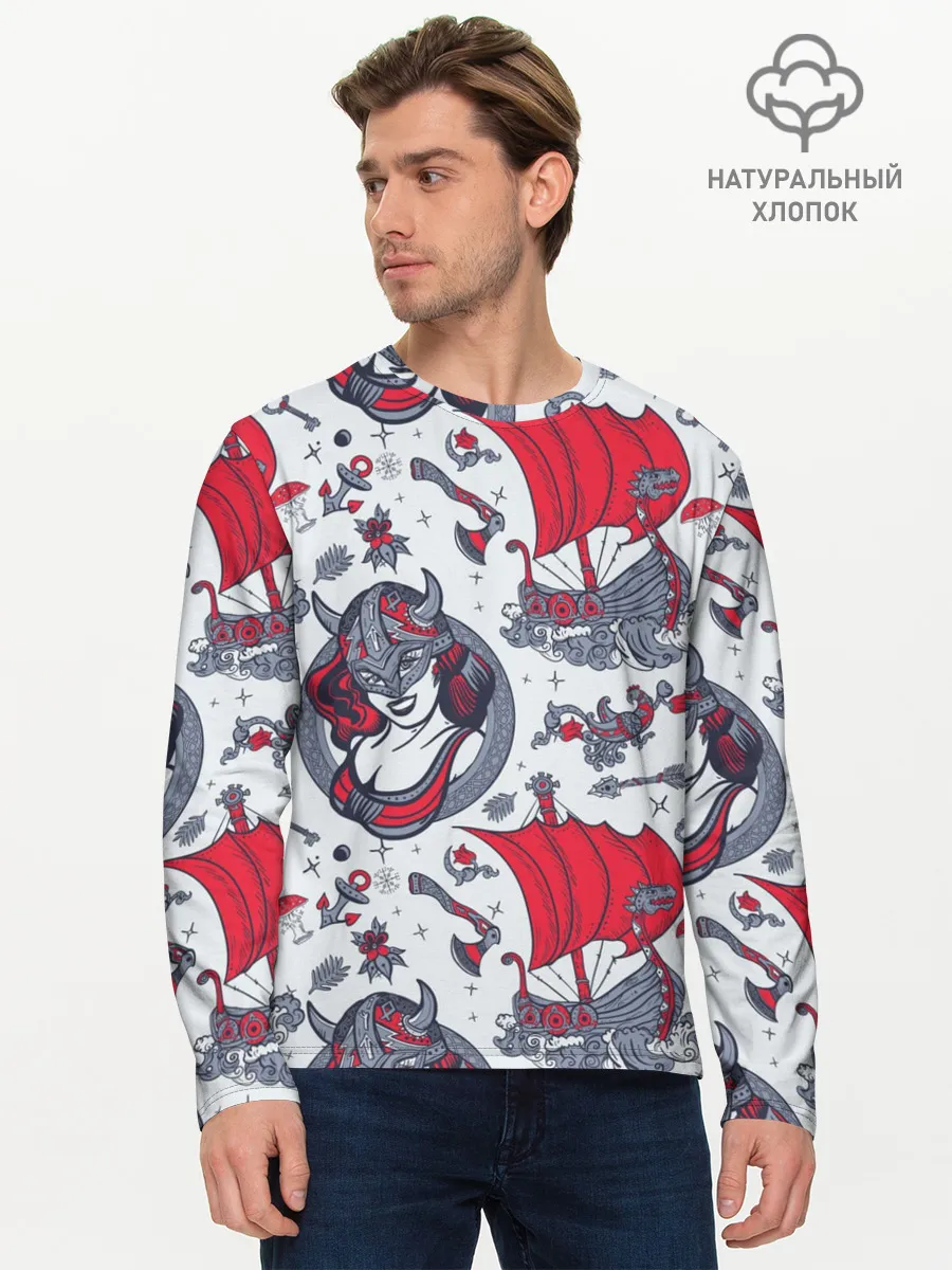 Мужской лонгслив базовый / Корабли и девушка викинг