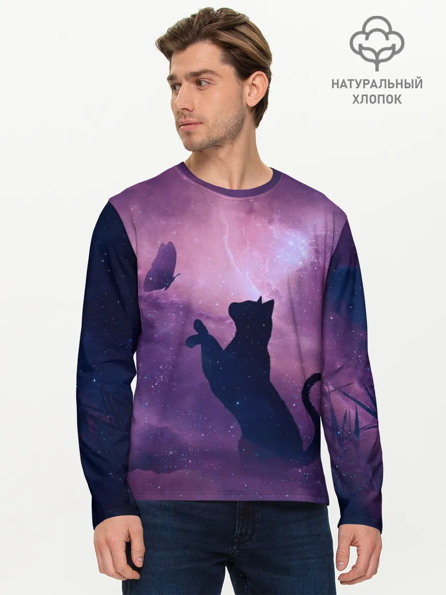 Мужской лонгслив базовый / Кошка играет с бабочкой