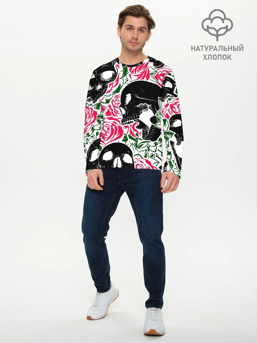 Мужской лонгслив базовый / Череп, розы, цветы, зубы