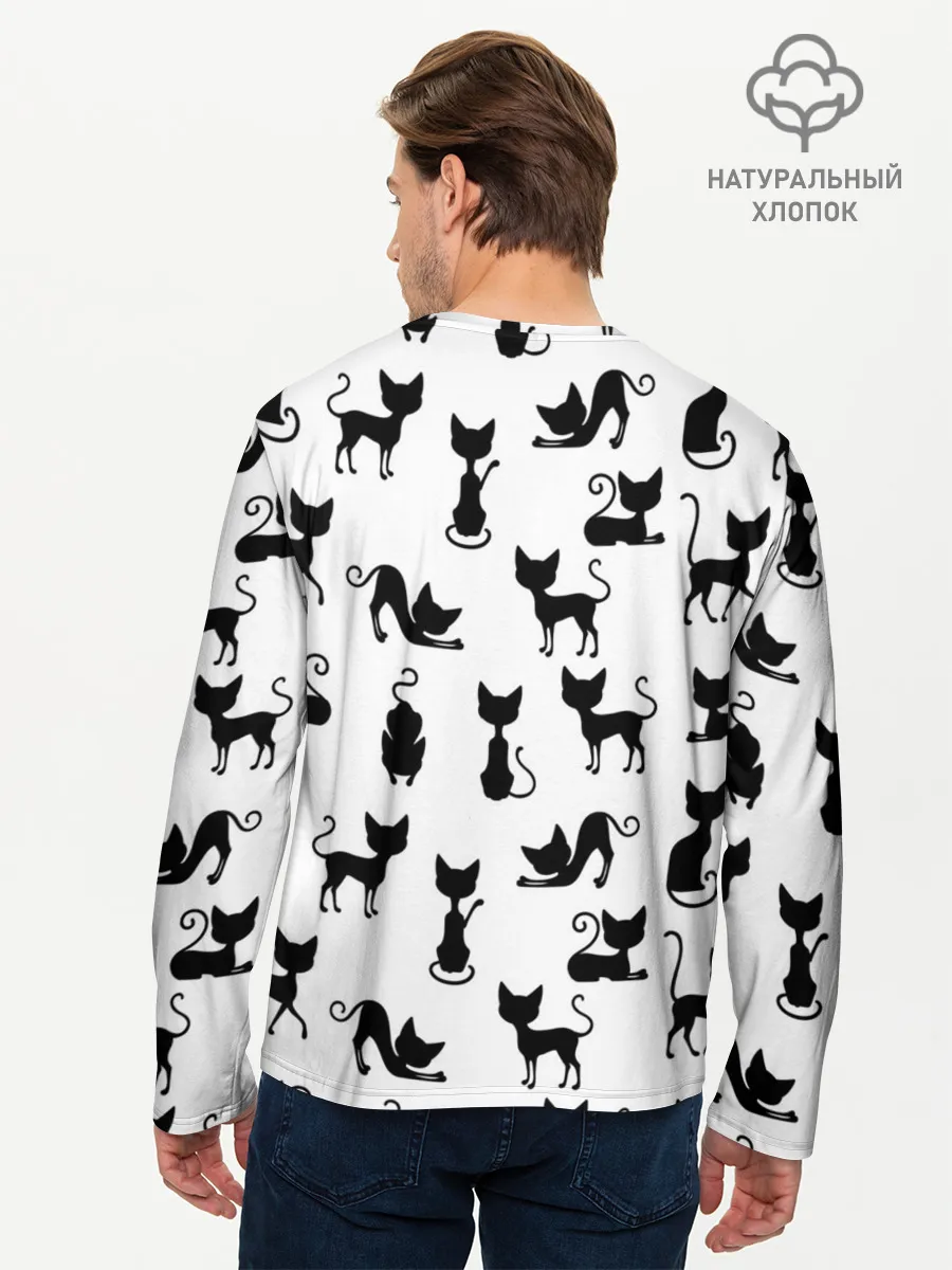 Мужской лонгслив базовый / КОШКИ БЕЛОЕ НА ЧЕРНОМ