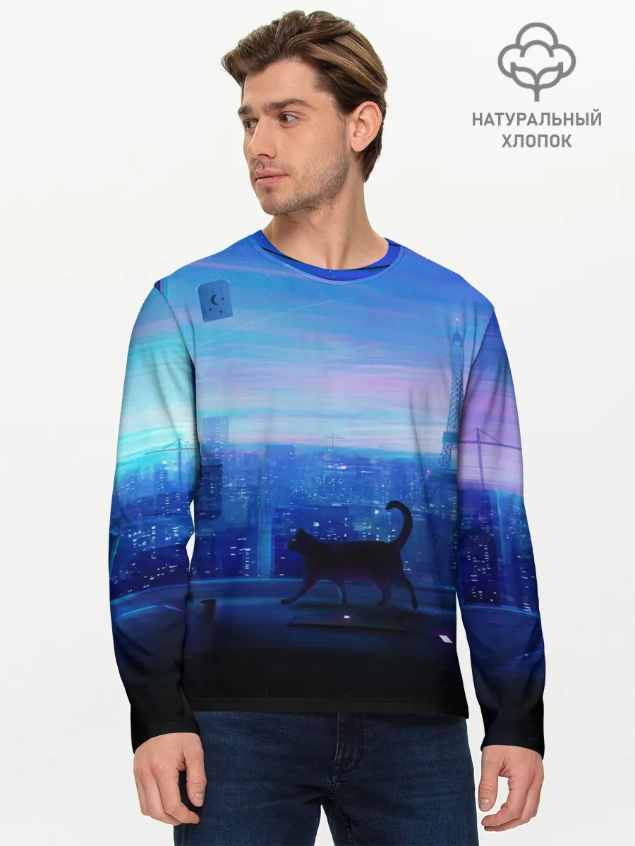 Мужской лонгслив базовый / Кошка арт окно