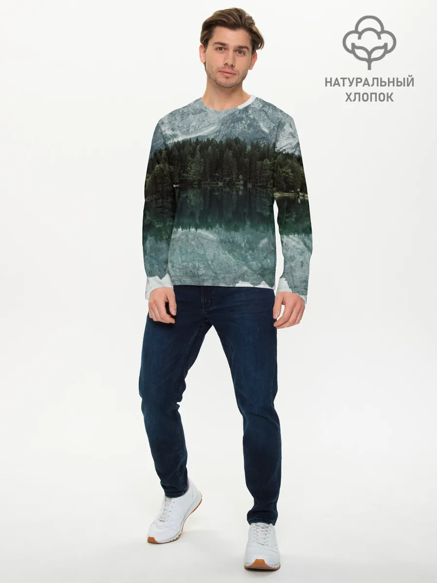 Мужской лонгслив базовый / отражение горы в озере