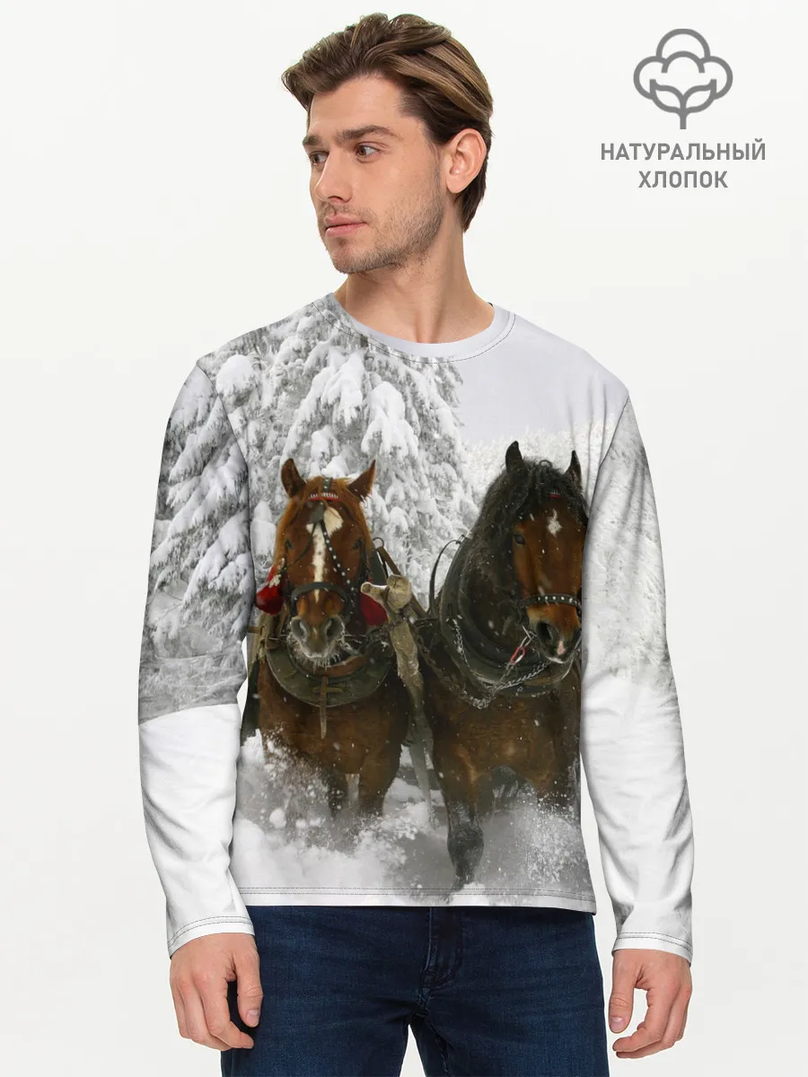 Мужской лонгслив базовый / Лошади и снег