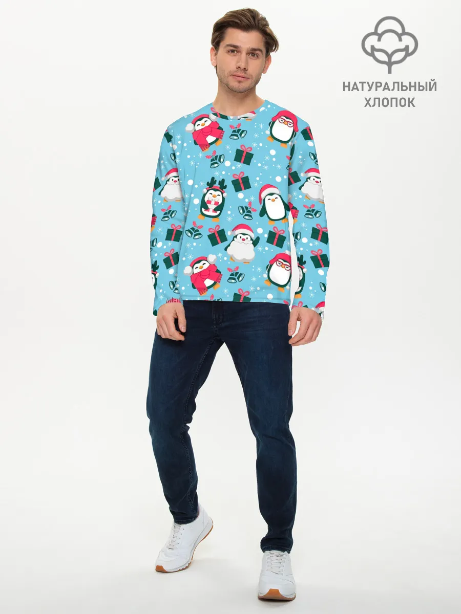 Мужской лонгслив базовый / Новогодние Пингвины