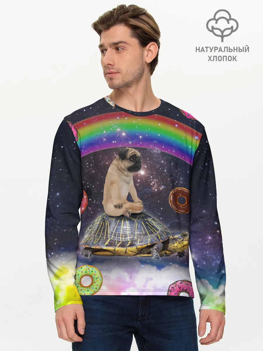 Мужской лонгслив базовый / Мопс на черепахе в космосе