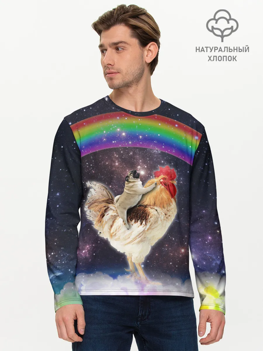 Мужской лонгслив базовый / Мопс на курице в космосе