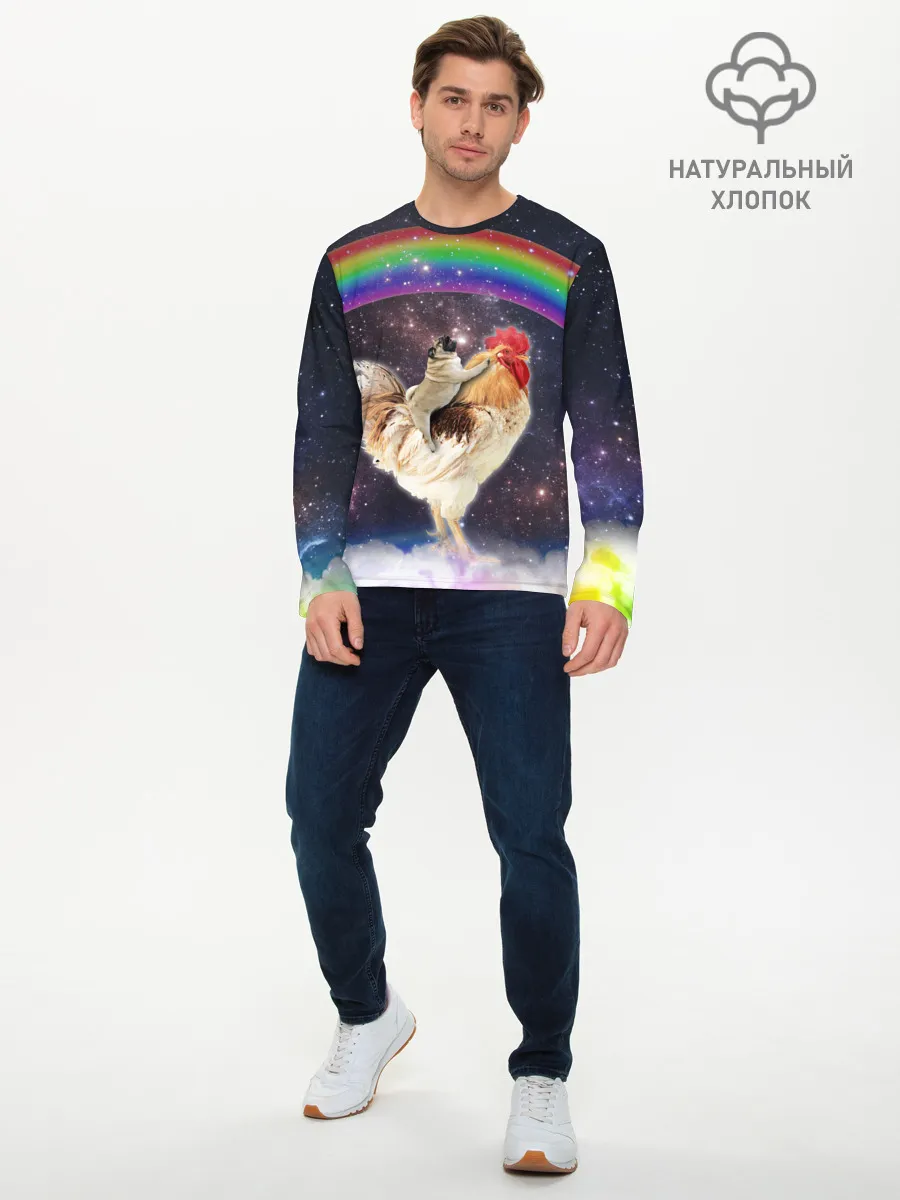 Мужской лонгслив базовый / Мопс на курице в космосе
