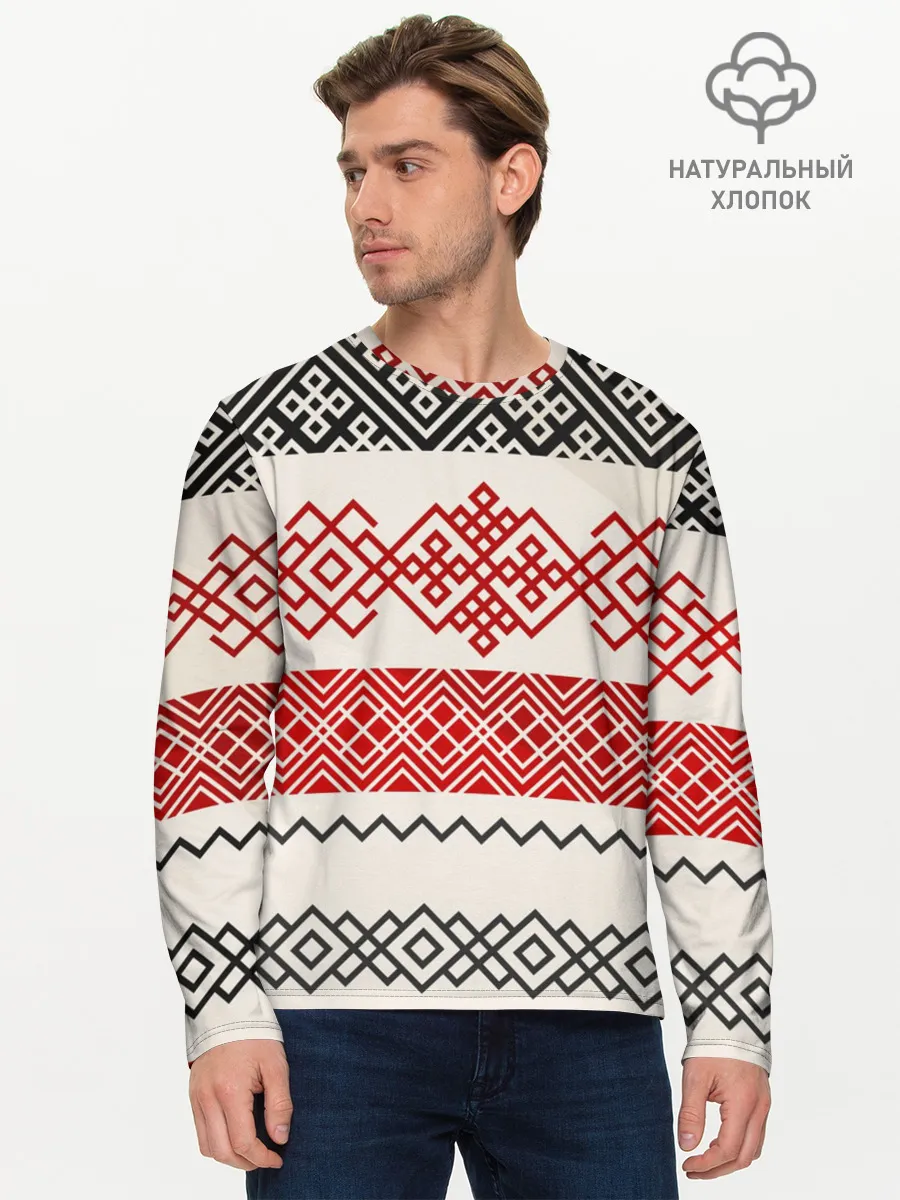 Мужской лонгслив базовый / Славянский узор красно-черный