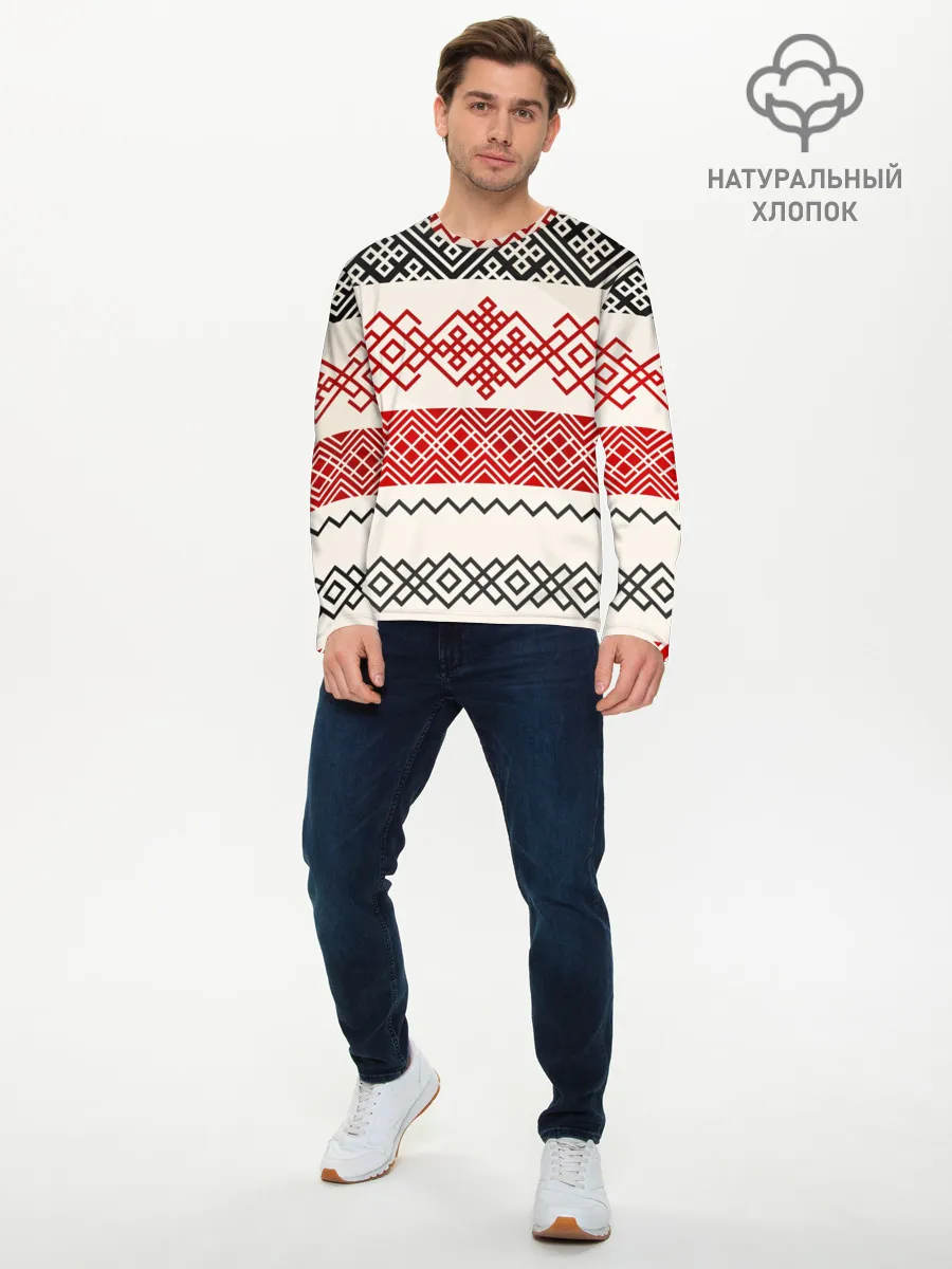 Мужской лонгслив базовый / Славянский узор красно-черный