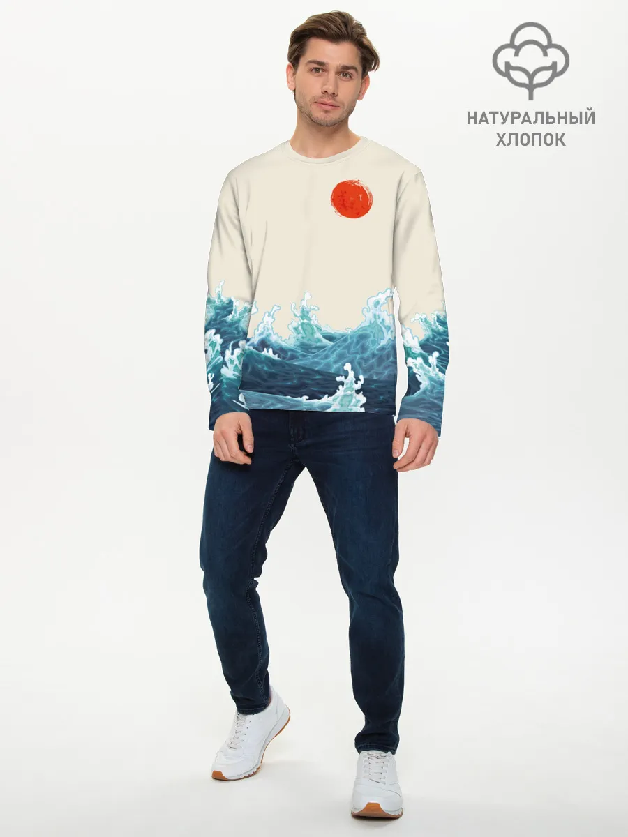 Мужской лонгслив базовый / Японский Стиль Волны и Солнце