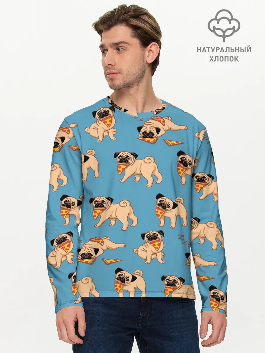 Мужской лонгслив базовый / Мопсы с пиццей