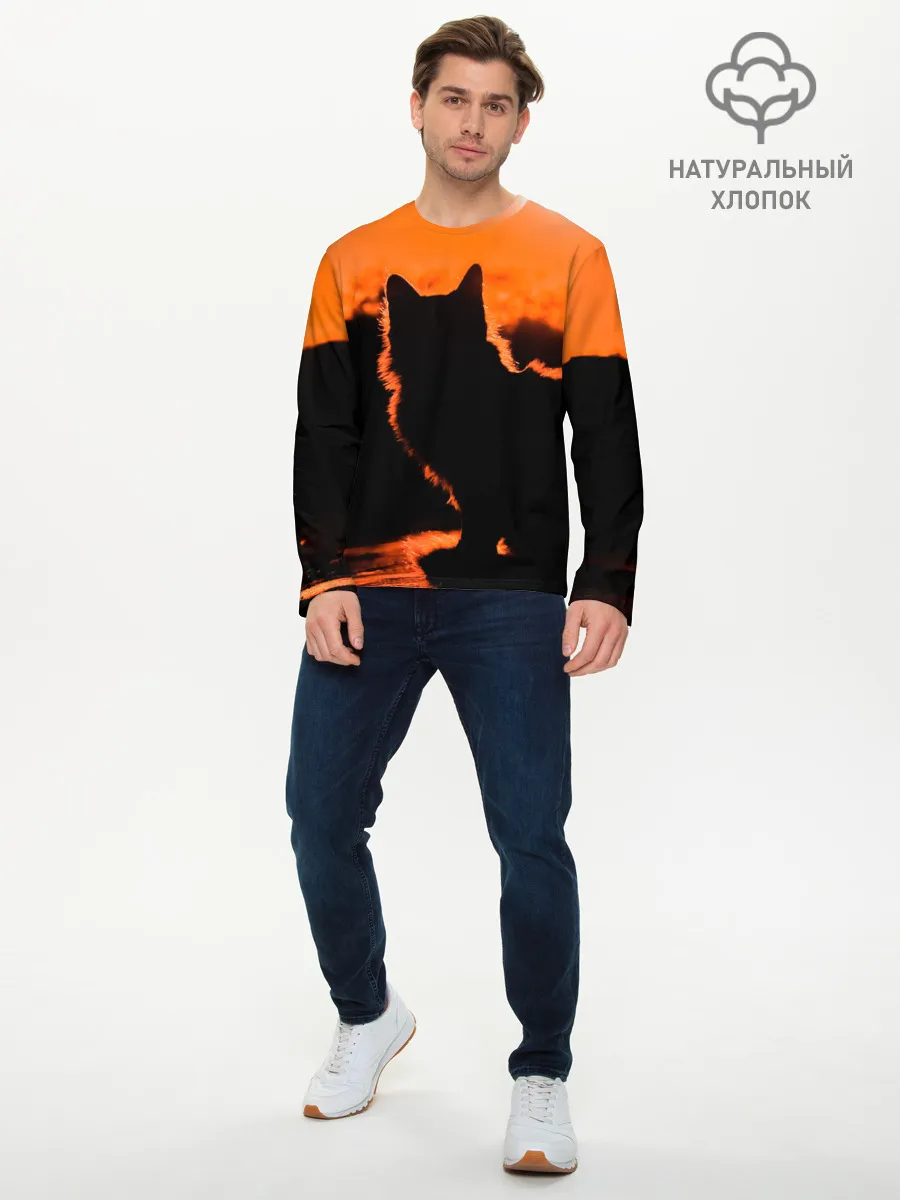 Мужской лонгслив базовый / Котенок на фоне заката