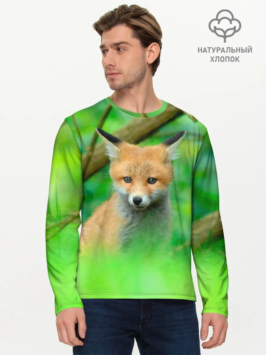 Мужской лонгслив базовый / Лисенок в зеленом лесу