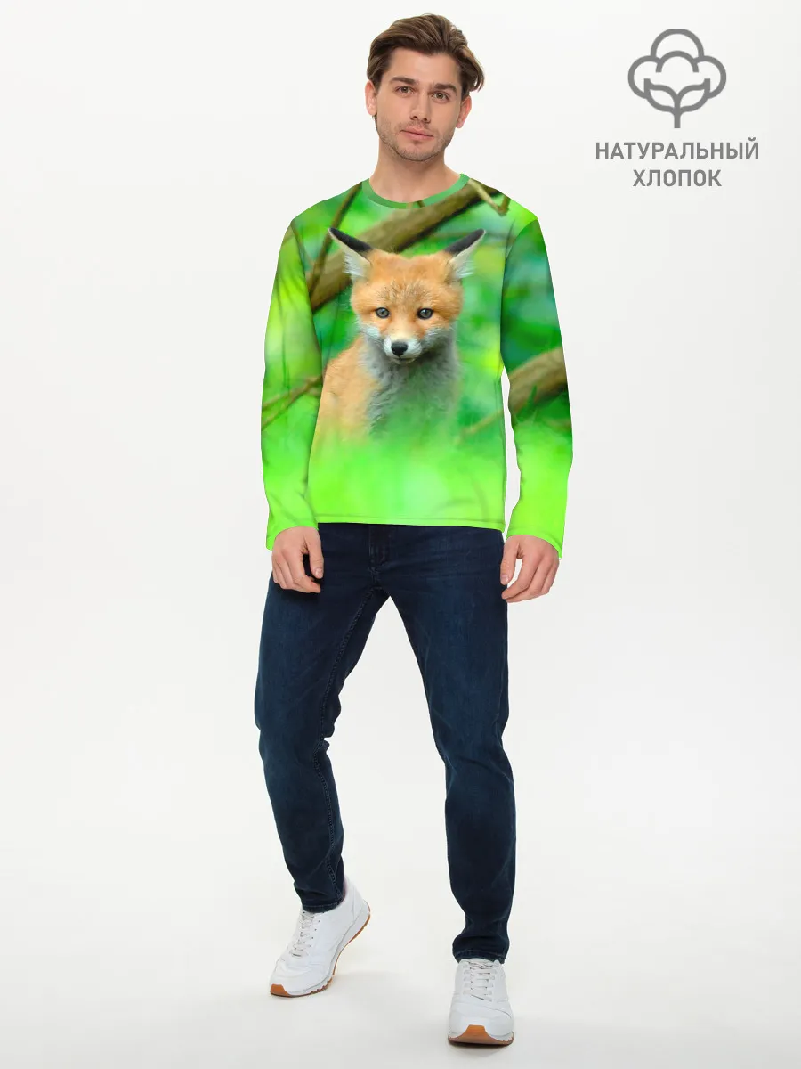 Мужской лонгслив базовый / Лисенок в зеленом лесу