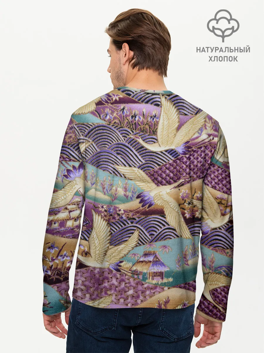 Мужской лонгслив базовый / Японская вышивка с журавлями