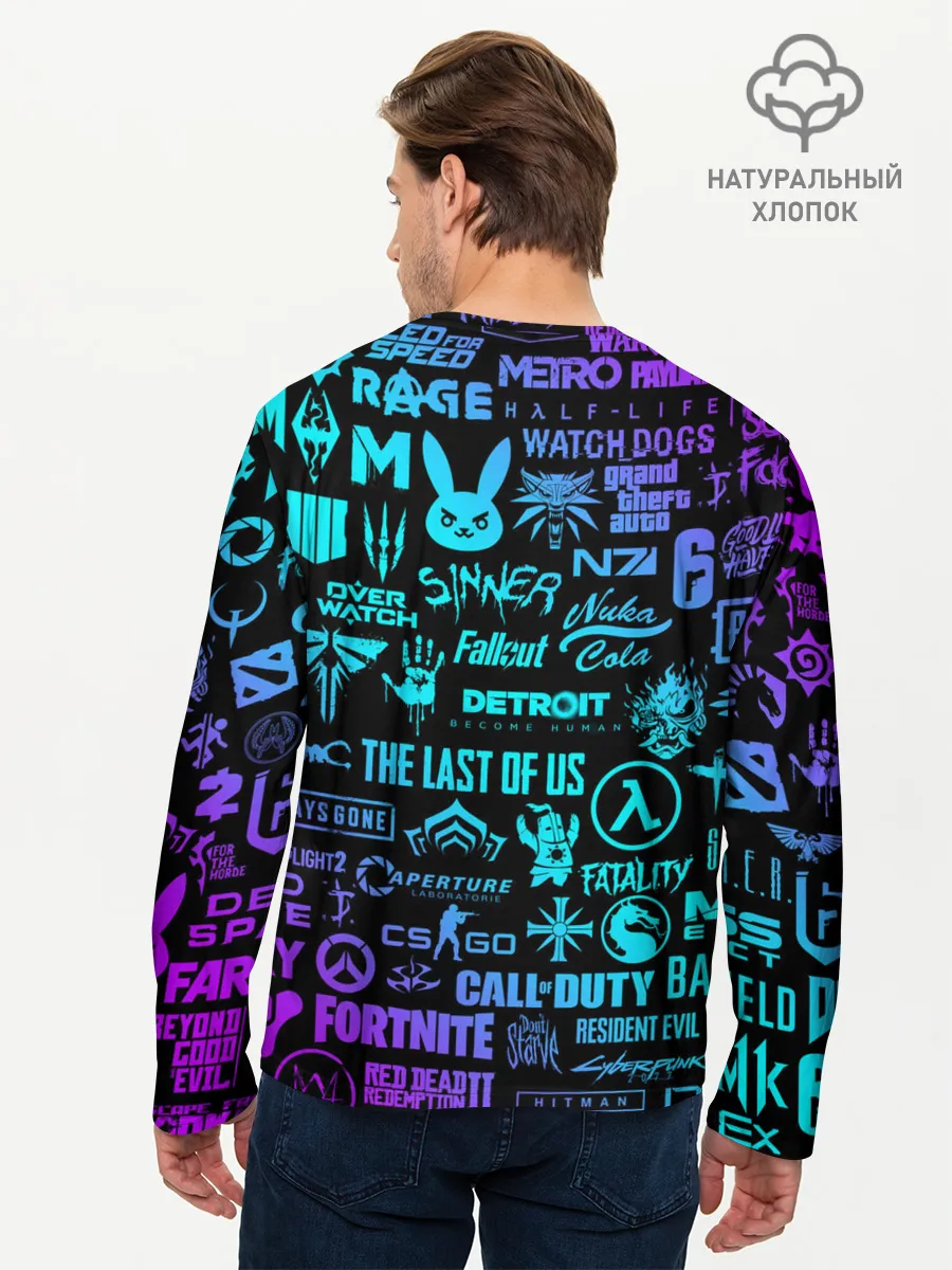 Мужской лонгслив базовый / ЛОГОТИПЫ ИГР НЕОН / NEON GAMES LOGO