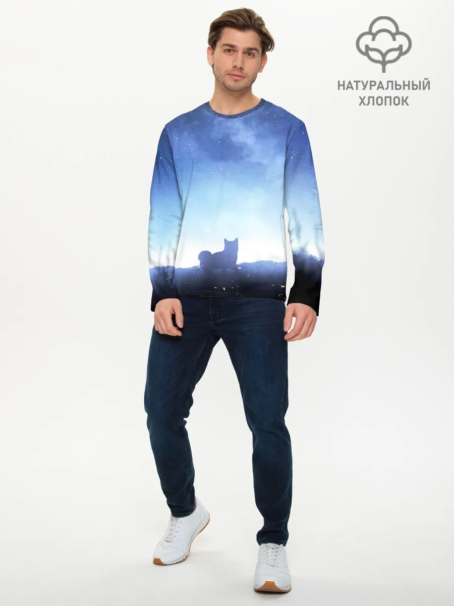 Мужской лонгслив базовый / силуэт корги ночь космос дымка
