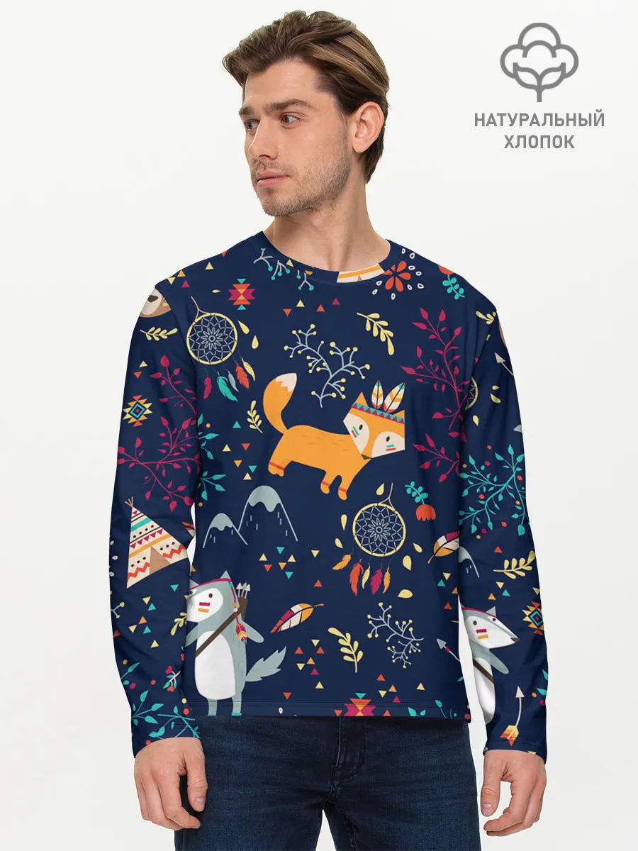 Мужской лонгслив базовый / Звери природа индейцы этно