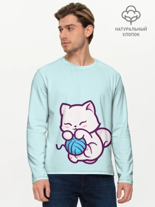 Мужской лонгслив базовый / Белый котенок с клубком милый