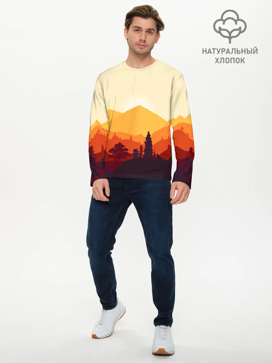 Мужской лонгслив базовый / Горы закат пейзаж лиса арт