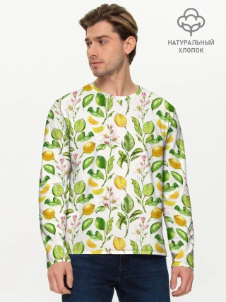 Мужской лонгслив базовый / Летний узор лимон ветки листья