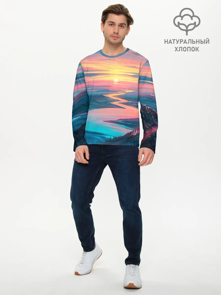 Мужской лонгслив базовый / Извилистая река закат природа