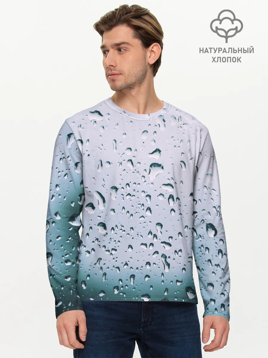 Мужской лонгслив базовый / Капли окно стекло дождь серо