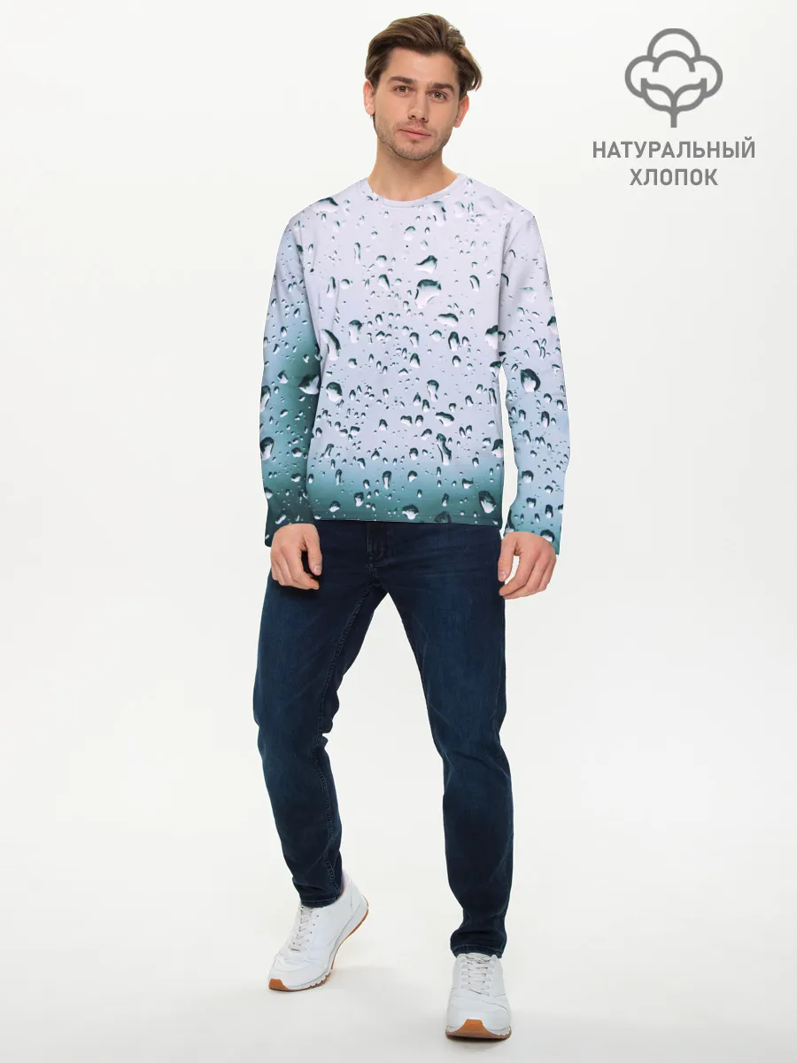 Мужской лонгслив базовый / Капли окно стекло дождь серо