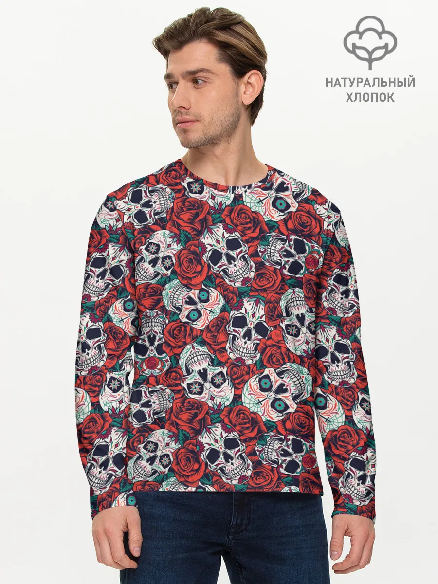 Мужской лонгслив базовый / Тату черепа и розы