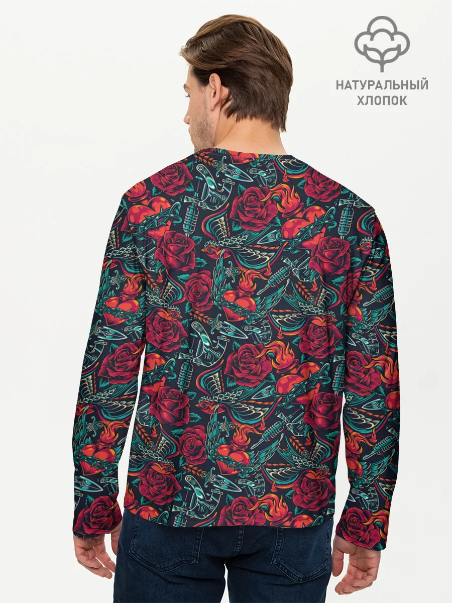 Мужской лонгслив базовый / Тату узор розы и машинки