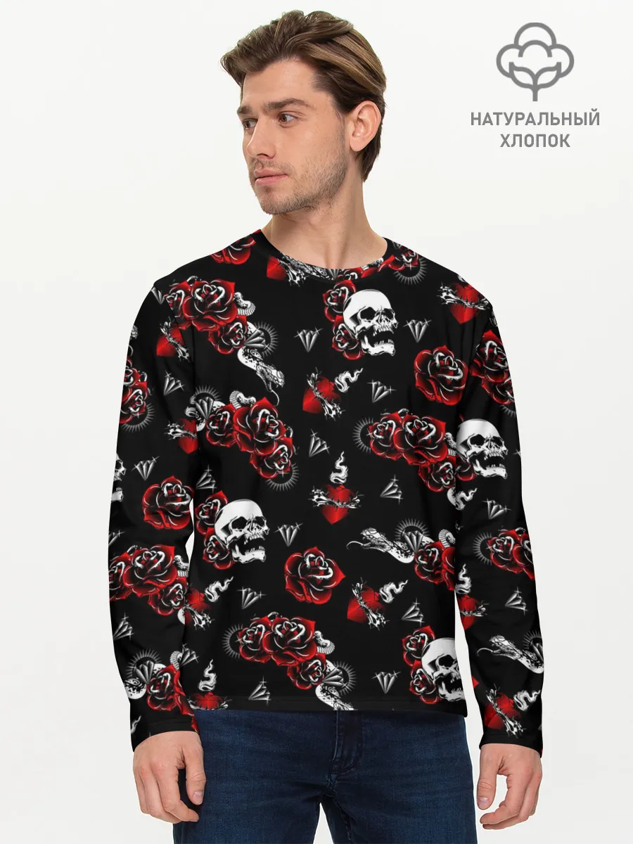 Мужской лонгслив базовый / Черепа и розы