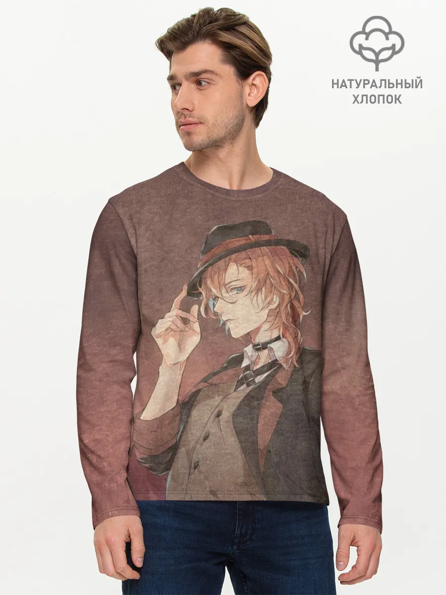 Мужской лонгслив базовый / Чуя Накахар на состаренном фоне