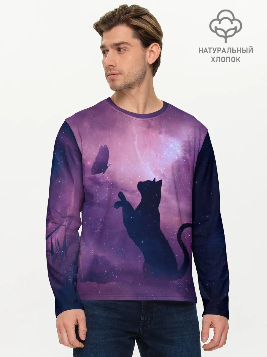 Мужской лонгслив базовый / Бабочка кот силуэт фиолетовый