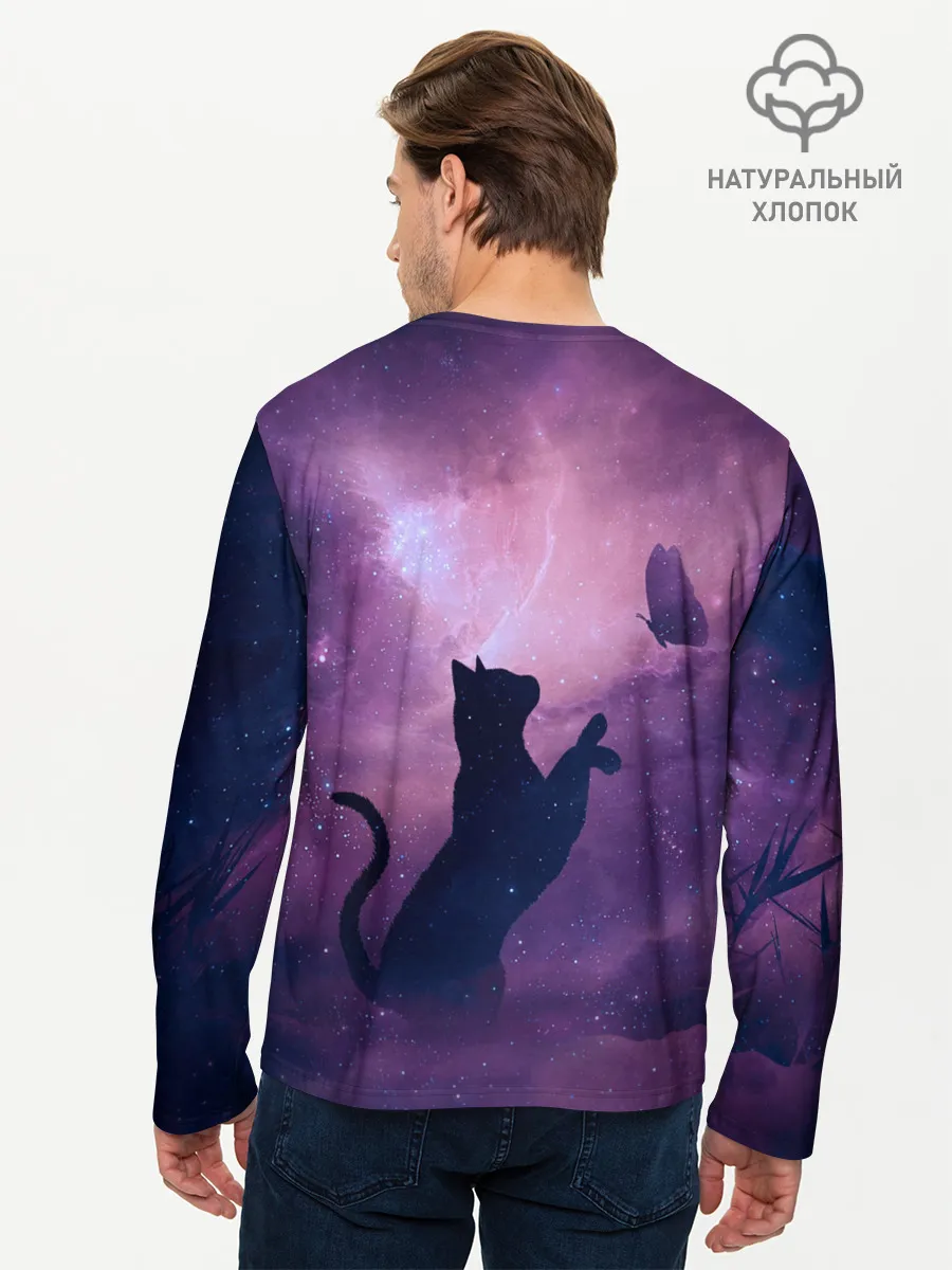 Мужской лонгслив базовый / Бабочка кот силуэт фиолетовый