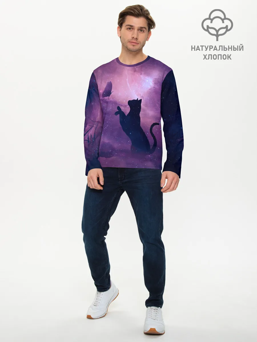 Мужской лонгслив базовый / Бабочка кот силуэт фиолетовый